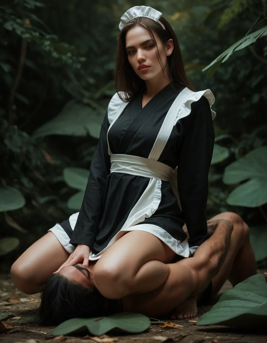 sharp focus, 8k uhd, maid, lips, japanese clothes, facesitting, leaf, neon glow, hyperrealistic, score_9, score_8, candid photo, realistic skin texture, visible skin pores, film grain, depth of field
