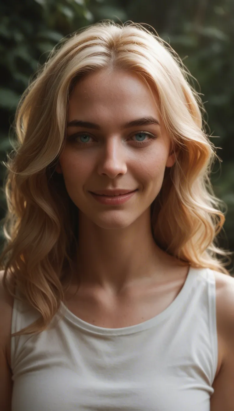 a cheerful-looking woman with light blonde, wavy shoulder-length hair, light-colored blue eyes, and a warm, broad smile. She has soft facial features, a relaxed expression, and an open, friendly appearance. Medium sized breasts. She is making a selfie full body naked