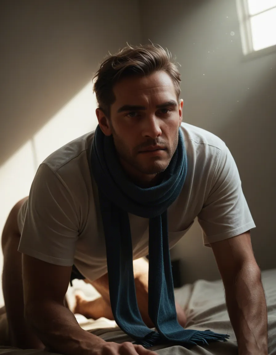 dslr, film grain, photorealistic, male focus, scarf, shirt, on all fours, sunlight, studio photo, score_9, score_8, candid photo, realistic skin texture, visible skin pores, film grain, depth of field