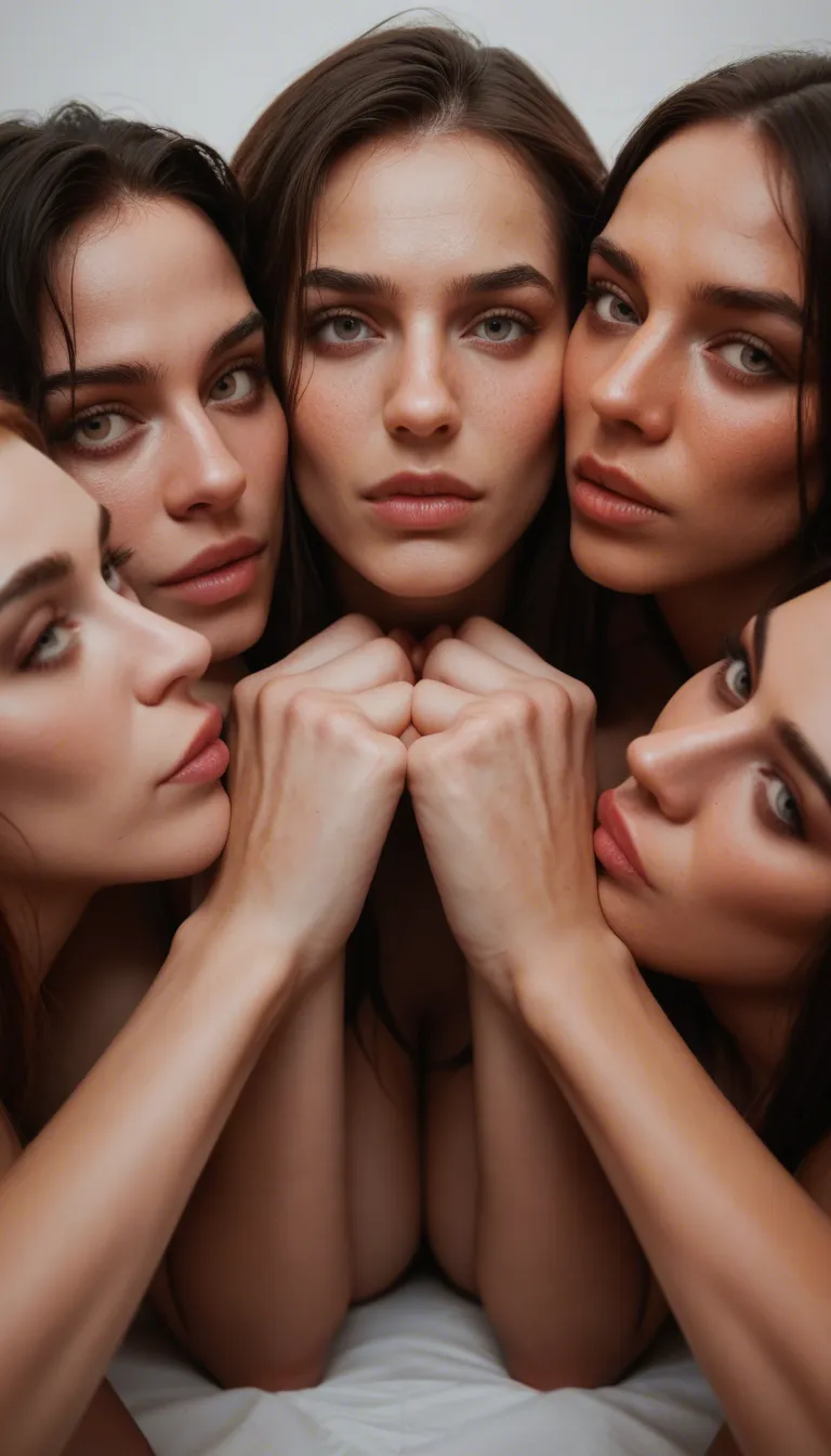 cinematic photo, 8k, extreme close-up, 5girls, grinding, feet, white background, dominant stare, 8k uhd