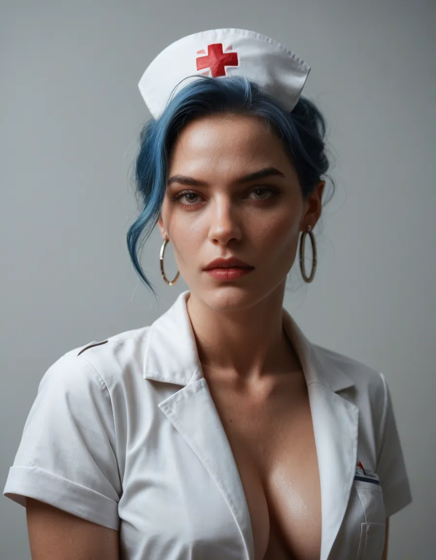 ultra HD, lifelike, nurse, blue hair, earrings, futanari, cinematic realism, score_9, score_8, candid photo, realistic skin texture, visible skin pores, film grain, depth of field