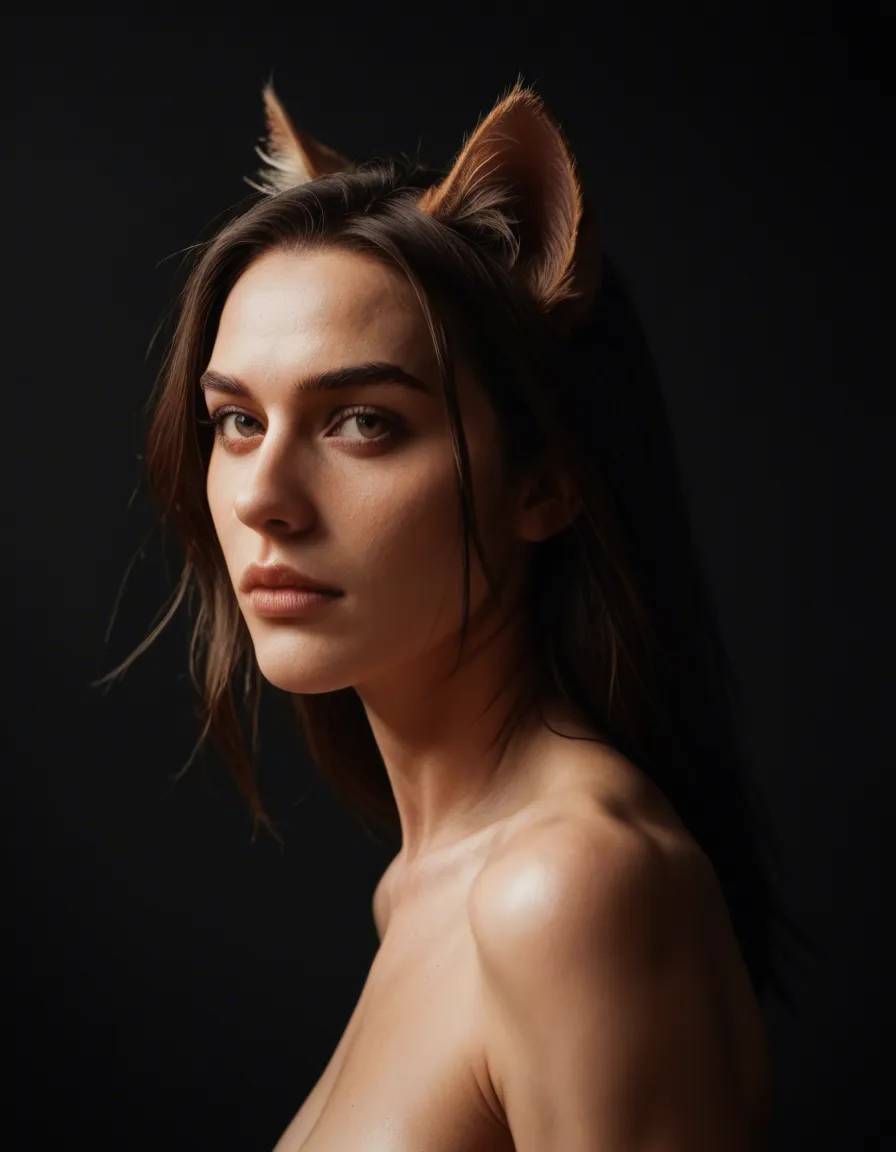 dslr, film grain, photorealistic, side view, catgirl, leg up, collarbone, black background, film photography, score_9, score_8, candid photo, realistic skin texture, visible skin pores, film grain, depth of field