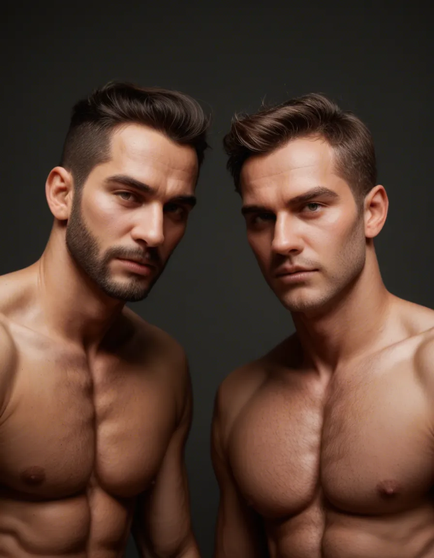 RAW photo, ultra realistic, 2boys, two-tone hair, bow, fully nude, 8k uhd photo, score_9, score_8, candid photo, realistic skin texture, visible skin pores, film grain, depth of field