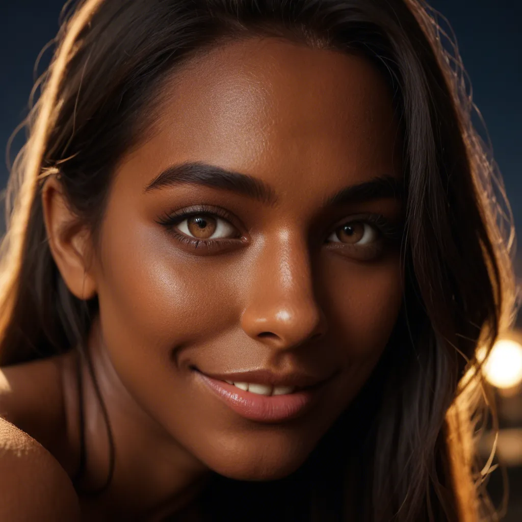 cinematic photo, 8k, close-up, solo focus, bent over, dark-skinned female, night, shy smile, 8k uhd photo