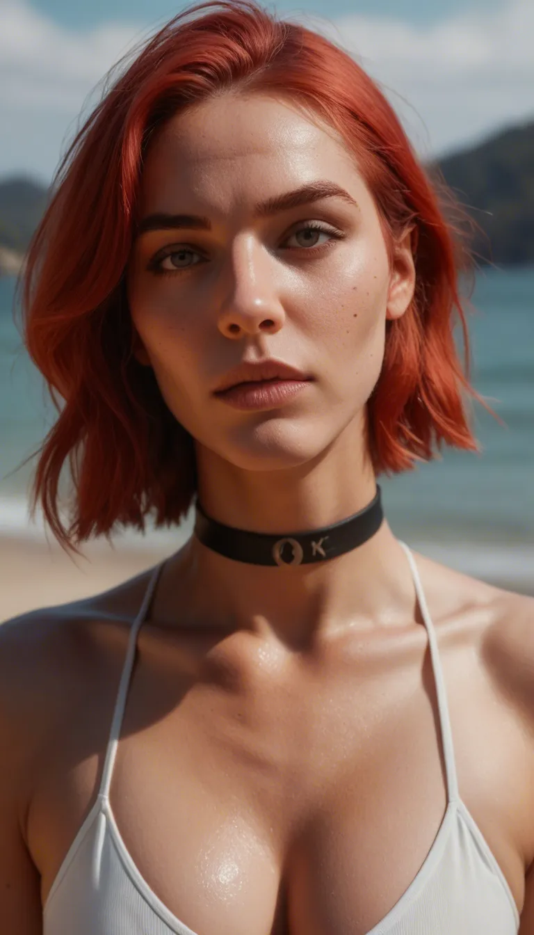 best quality, hyperrealistic, 1other, red hair, choker, arching back, 8k uhd photo