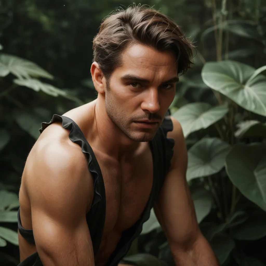 dslr, film grain, photorealistic, male focus, bare legs, frills, grinding, plant, over the shoulder, natural skin texture