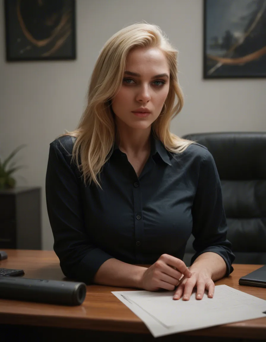 blonde 42 year secretary in office surrounding on desk, score_9, score_8, candid photo, realistic skin texture, visible skin pores, film grain, depth of field