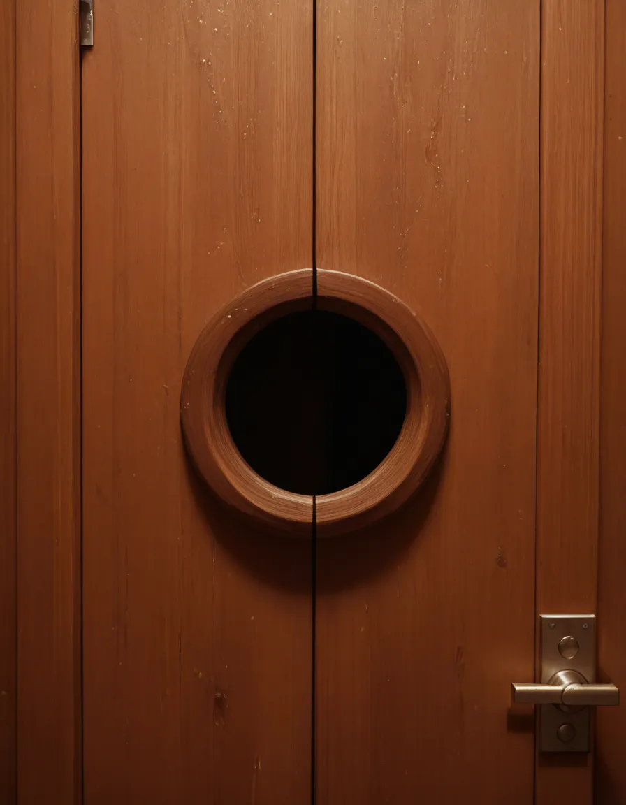 Keyhole reveal composition, gap focus, voyeuristic perspective, looking through irregular small jagged hole in old wooden door, heavily blurred dark wooden door texture filling 40-50% of frame, creamy dreamy bokeh on the rough wood edges, narrow irregular peephole opening, through the small broken hole in the door, view of elegantly beautiful woman with red hair, lying on bed and masturbating.  She is completely unaware of being watched, natural candid pose, slightly turned away, serene and private moment, cinematic lighting, delicate rim light from behind, soft volumetric god rays cutting through steam, warm tungsten + subtle blue ambient mix, high contrast chiaroscuro, moody intimate atmosphere, film noir sensual undertone, ultra sharp focus on the woman through the narrow gap, razor-sharp detail on face and body,, score_9, score_8, candid photo, realistic skin texture, visible skin pores, film grain, depth of field
