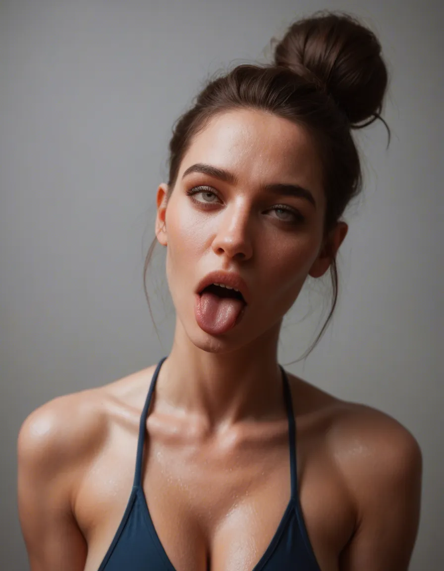 8k, sharp focus, detailed skin, solo female, hair bun, swimsuit, ahegao, hyperrealistic, score_9, score_8, candid photo, realistic skin texture, visible skin pores, film grain, depth of field