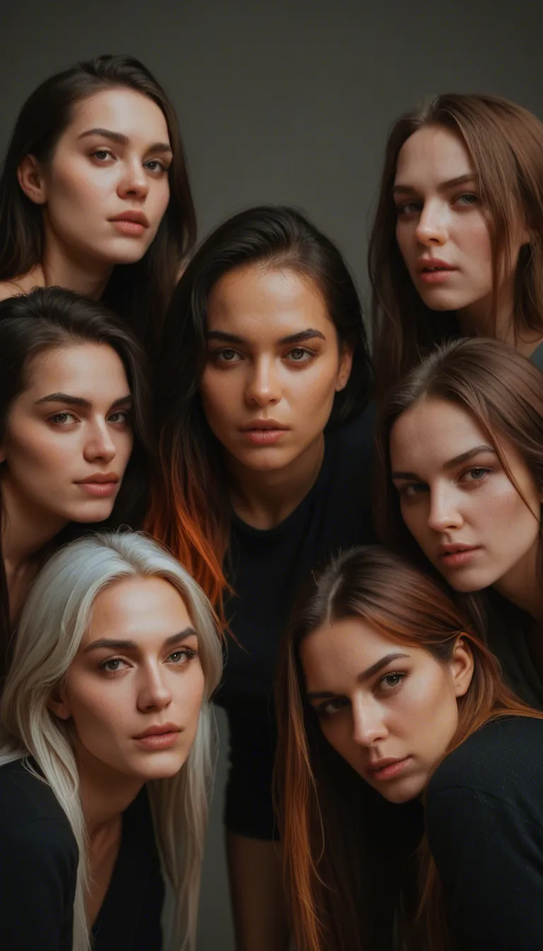 8k, sharp focus, detailed skin, 4women, gradient hair, long sleeves, bent over, lifelike render