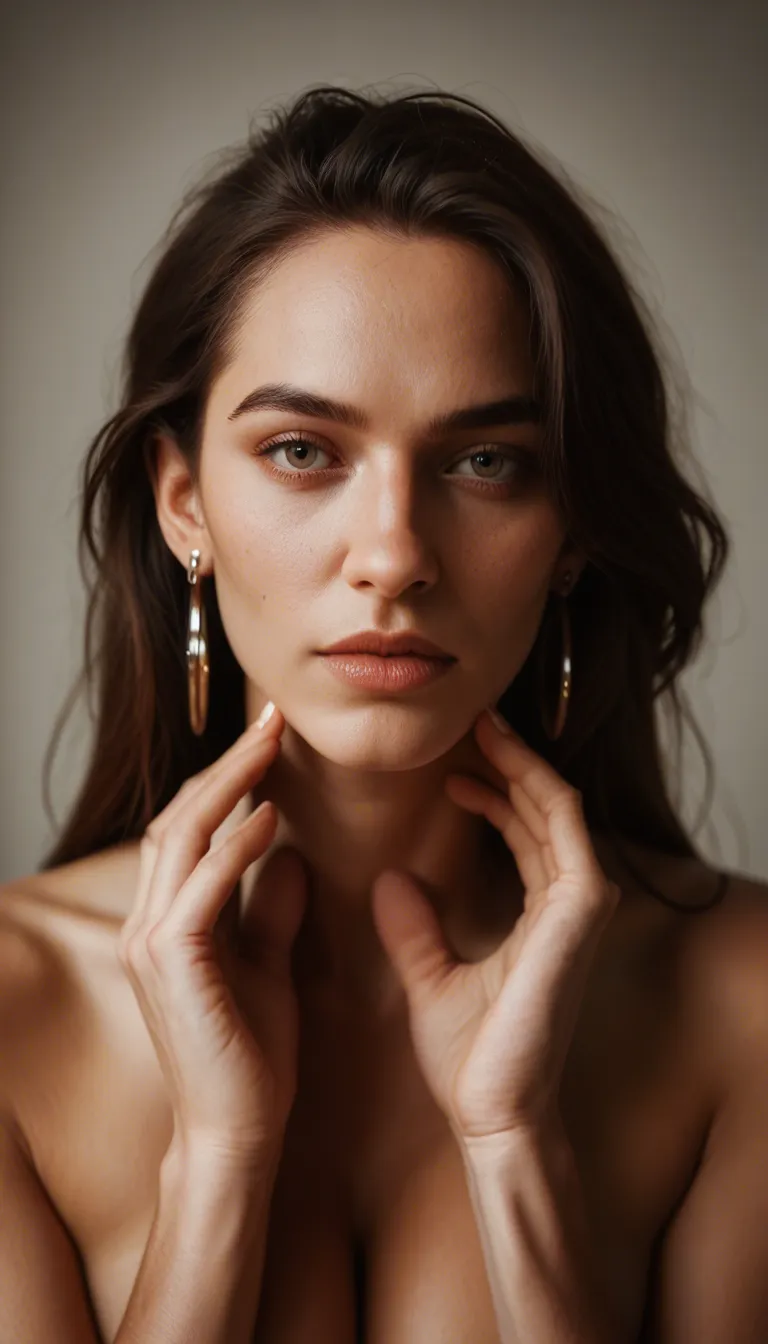 dslr, film grain, photorealistic, 1other, hands up, earrings, presenting, blurry background, portrait, natural skin texture