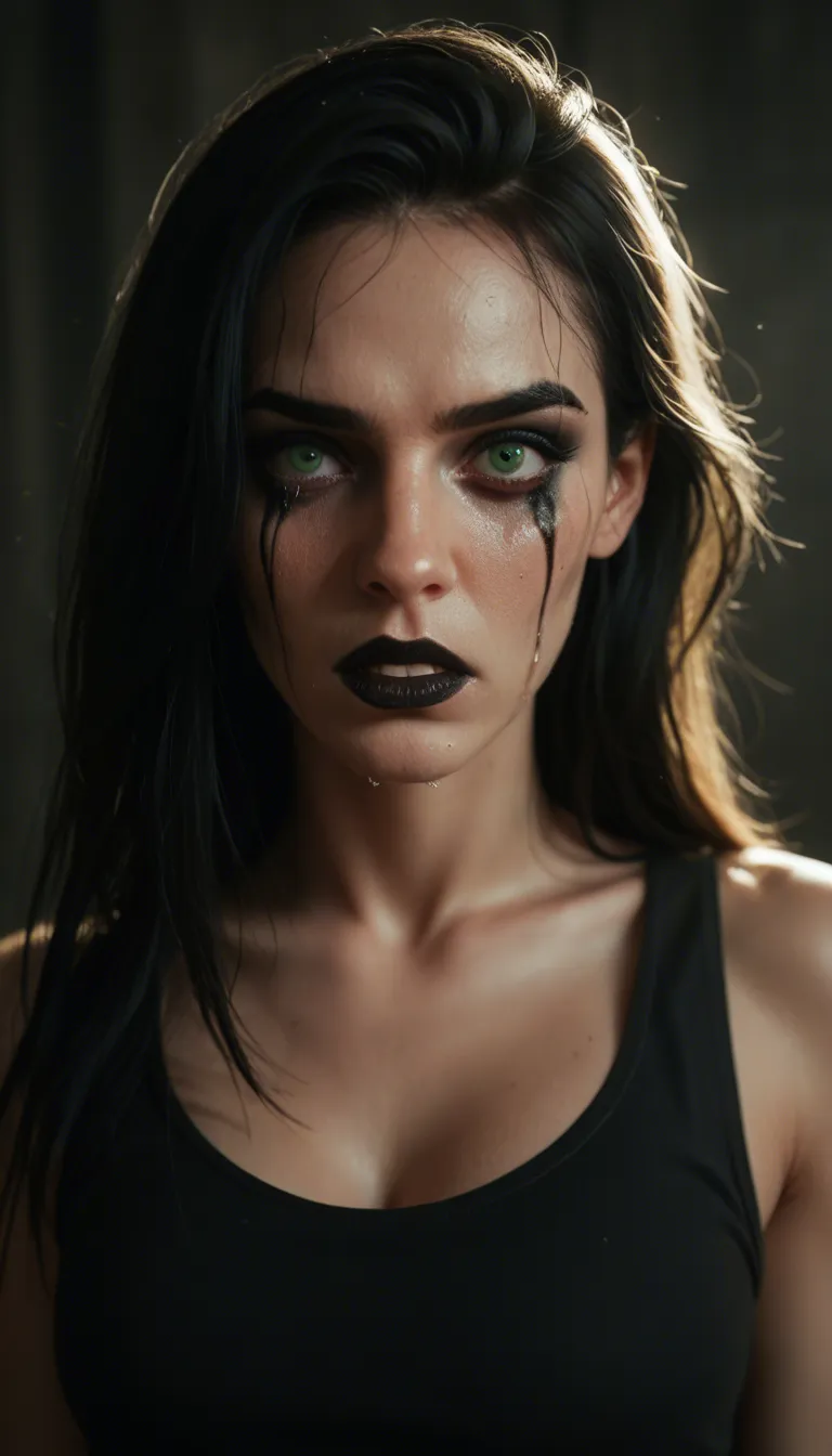 Caucasian goth female, strikingly beautiful, goth make up, black lip stick, green eyes, black hair styled mid length, scared, crying, mascara running, big perky breasts, topless, ripped open black lace panties, webbed stockings, goth boots, hands above head, wrists bound together by rope from ceiling, ball gag in mouth, struggling to get free. Background musty basement. Grabbed on side