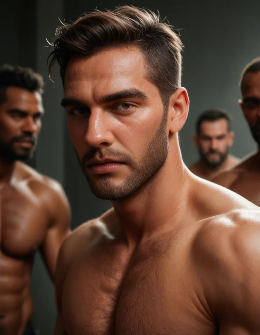 A gay orgy or arab men, score_9, score_8, candid photo, realistic skin texture, visible skin pores, film grain, depth of field