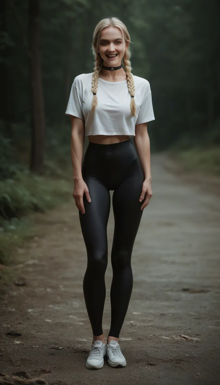 Photorealistic, full body depth_of_field, 8k, cute blonde, two braids, black_choker, mouth open turning into seductive_smile, tight white crop top, red and black plaid miniskirt, cleavage, small b-cup breasts, thick nipples imprinting, black thighhighs, wrists crossed over head, wiggling hips