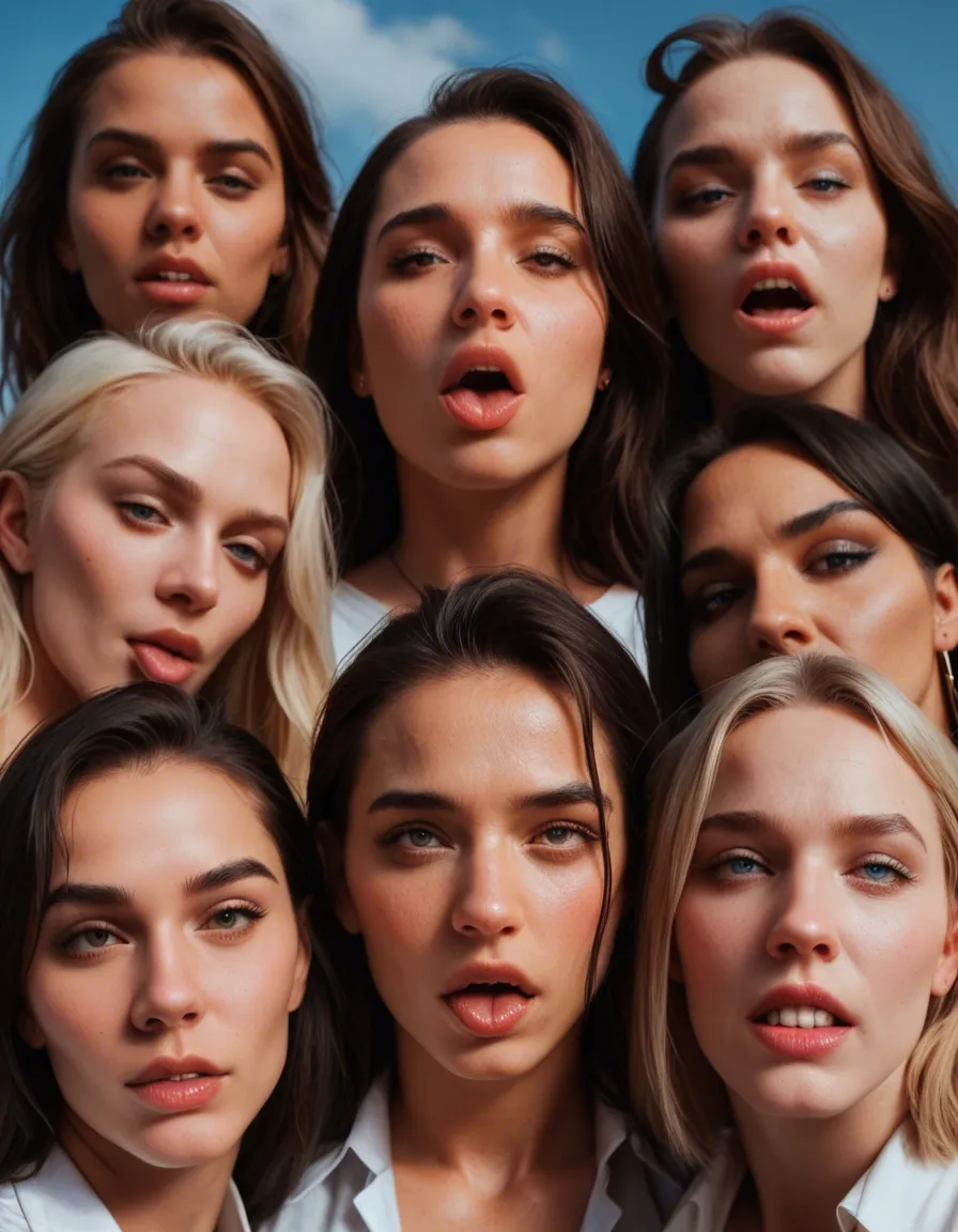 professional photo, high detail, three-quarter view, 6+women, ahegao, scar, blue sky, submissive blush, photorealistic, score_9, score_8, candid photo, realistic skin texture, visible skin pores, film grain, depth of field