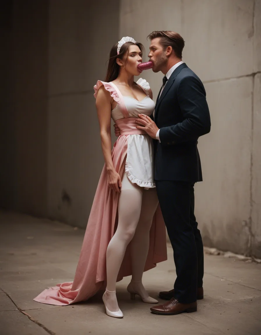 husband wearing pink maid clothing sucking dildo full body, score_9, score_8, candid photo, realistic skin texture, visible skin pores, film grain, depth of field