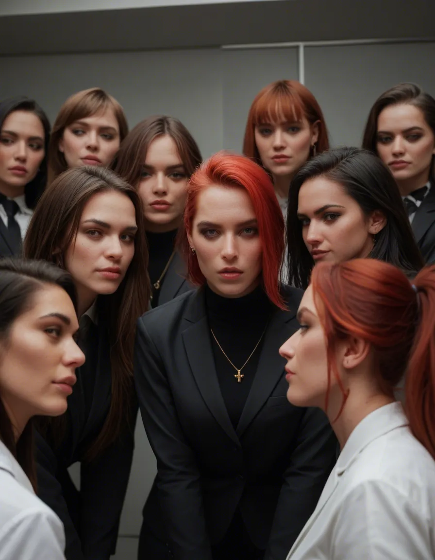 professional photo, high detail, 6+girls, red hair, black gloves, bent over, rim light, 8k uhd photo, score_9, score_8, candid photo, realistic skin texture, visible skin pores, film grain, depth of field