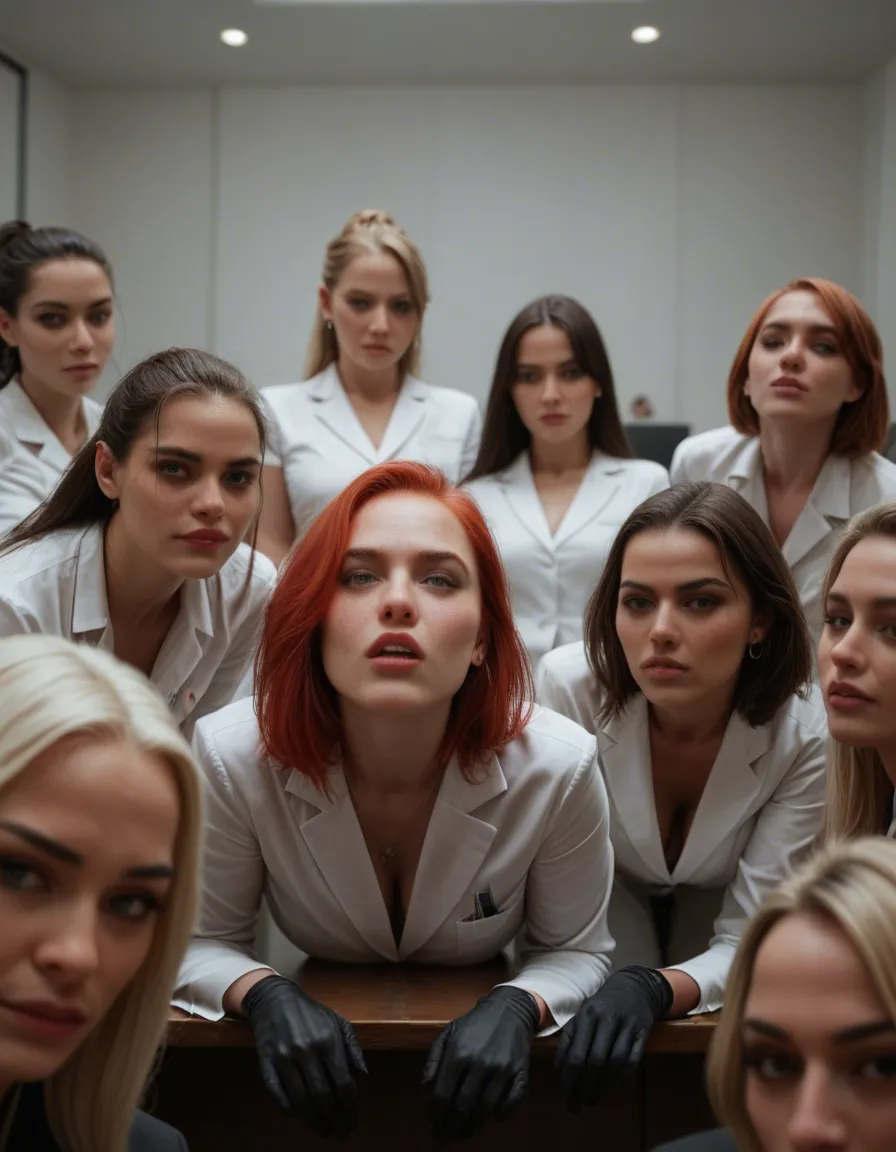 professional photo, high detail, 6+girls, red hair, black gloves, bent over, rim light, 8k uhd photo, score_9, score_8, candid photo, realistic skin texture, visible skin pores, film grain, depth of field, score_9, score_8, candid photo, realistic skin texture, visible skin pores, film grain, depth of field