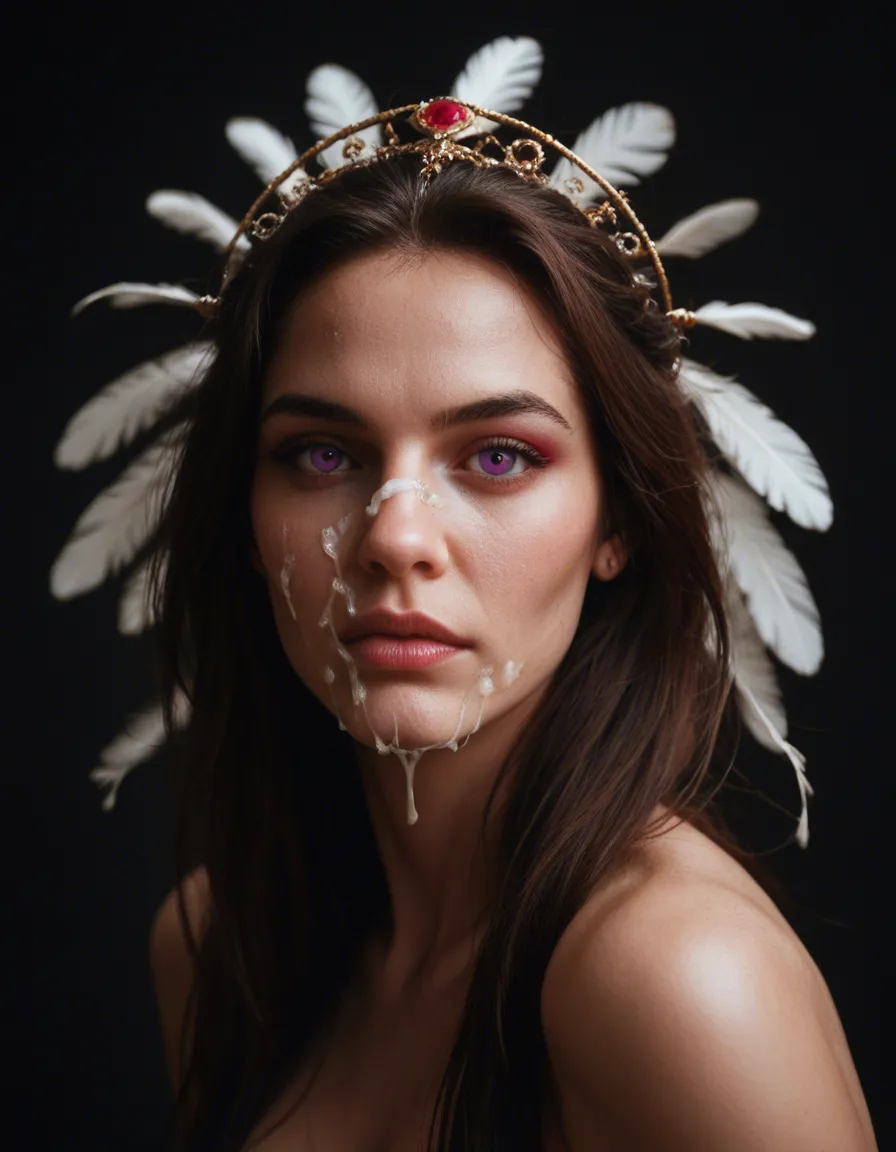 (cum on face), A mesmerizing digital portrait of a charismatic woman with piercing violet eyes, adorned in an ornate headdress, surrounded by vibrant blossoms and delicate feathers, score_9, score_8, candid photo, realistic skin texture, visible skin pores, film grain, depth of field