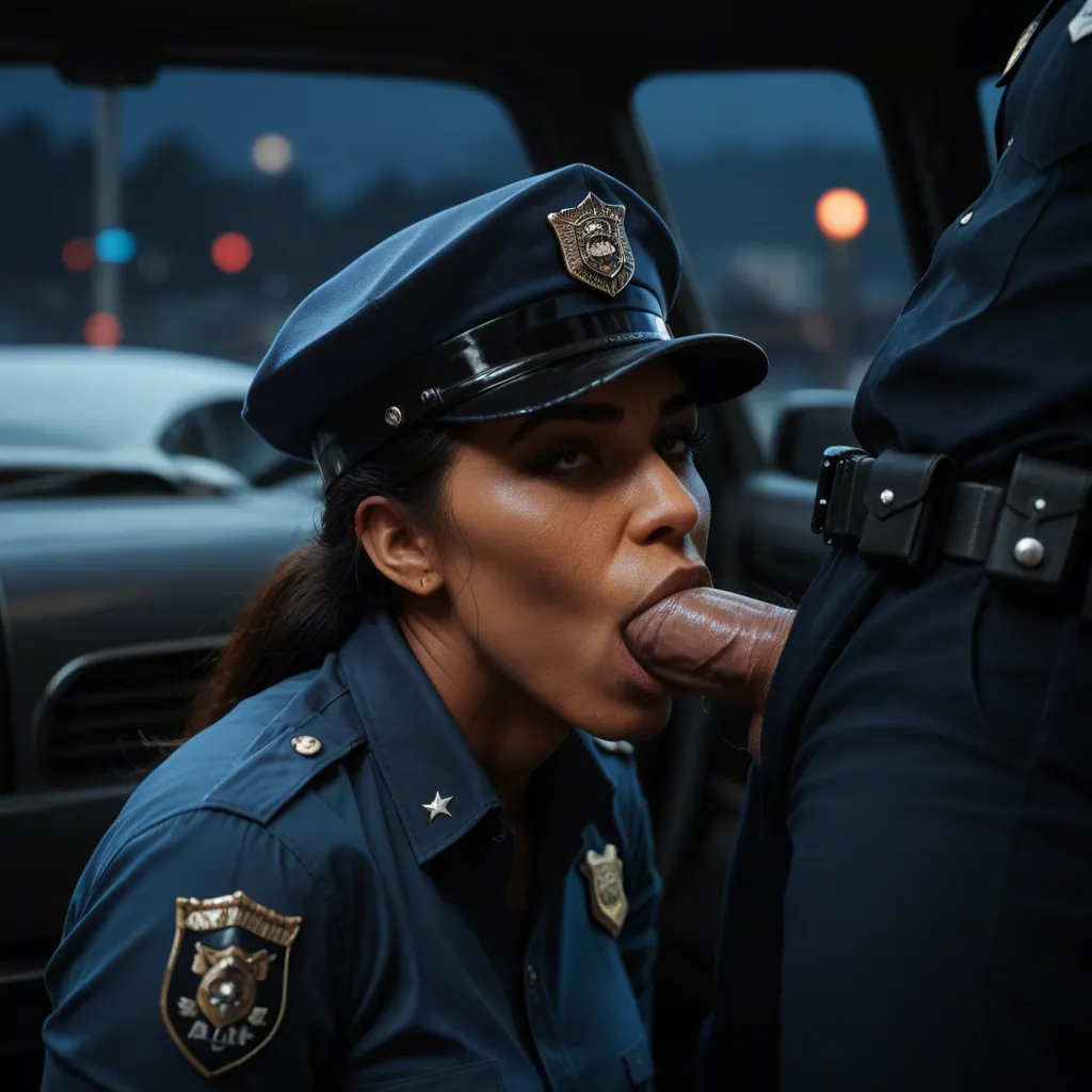 At night, next to police car, deepthroat blowjob, clothed sex. Athletic dark-skinned milf, wearing a police uniform, dark uniform pants, white panties, and black work boots, bent over, sucking a police officer's large penis. She unzips her pants and pulls down her pants and panties. Some pubic hair. Backlit, ultrarealistic, sharp focus, shallow depth_of_field.