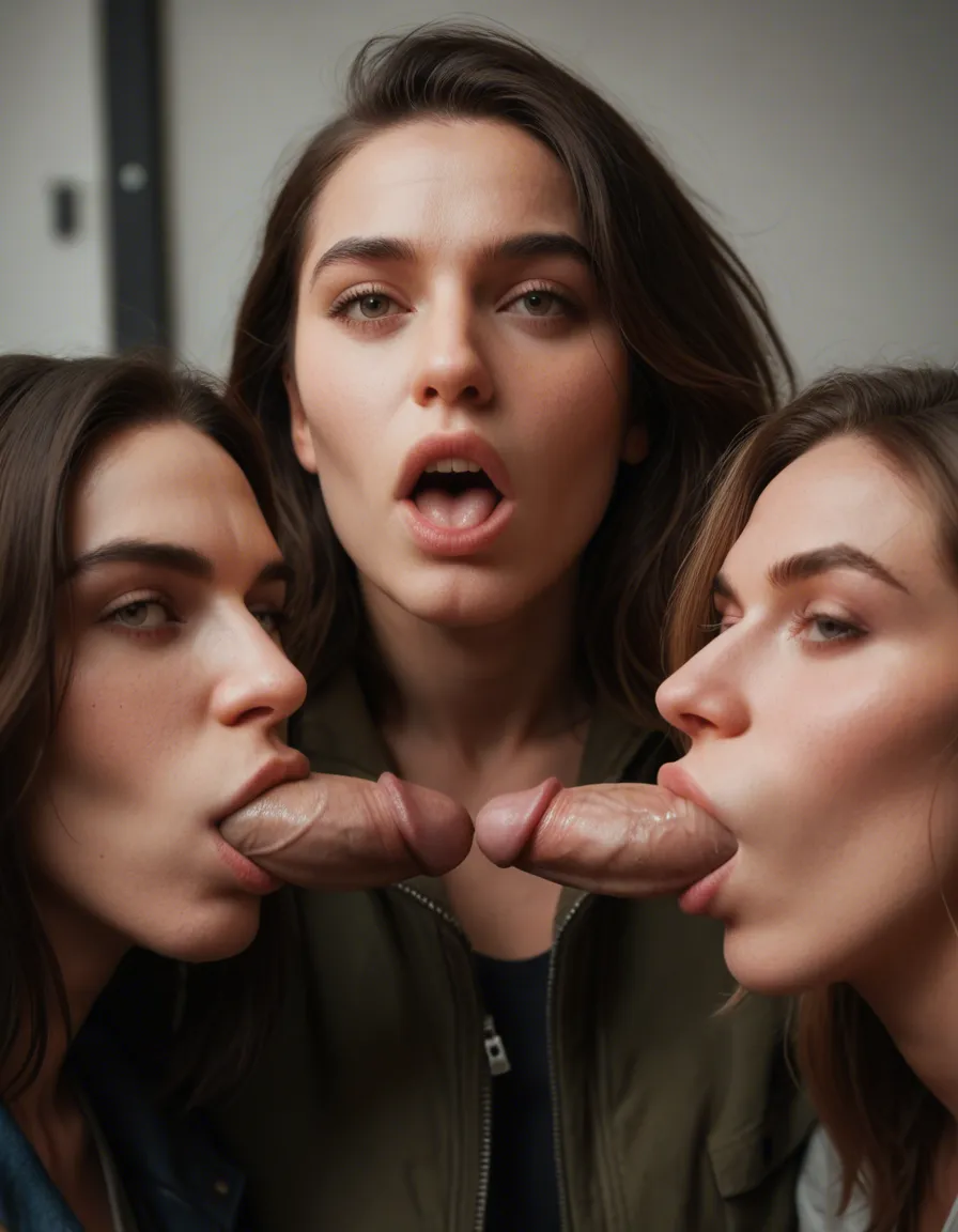 best quality, hyperrealistic, 3girls, medium hair, jacket, blowjob, studio photo, barely 18 years old, score_9, score_8, candid photo, realistic skin texture, visible skin pores, film grain, depth of field