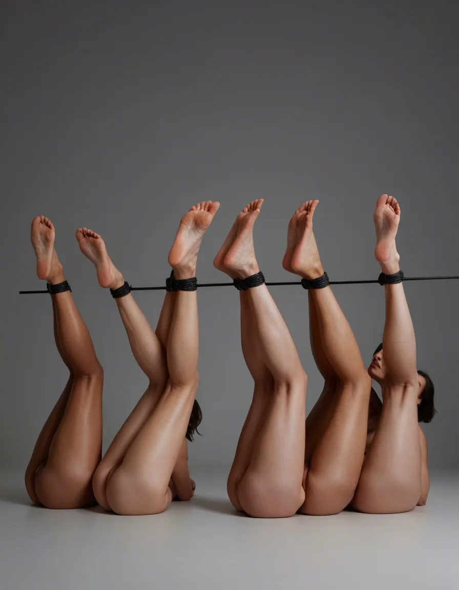 best quality, hyperrealistic, side view, 5girls, bondage, soles, simple background, confident gaze, photorealistic, score_9, score_8, candid photo, realistic skin texture, visible skin pores, film grain, depth of field