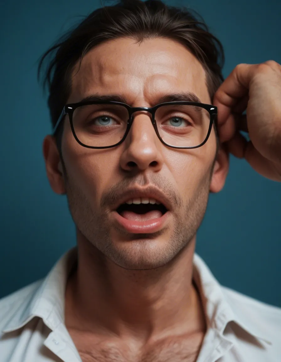 RAW photo, ultra realistic, 2boys, ahegao, glasses, blue background, dominant stare, studio photo, score_9, score_8, candid photo, realistic skin texture, visible skin pores, film grain, depth of field