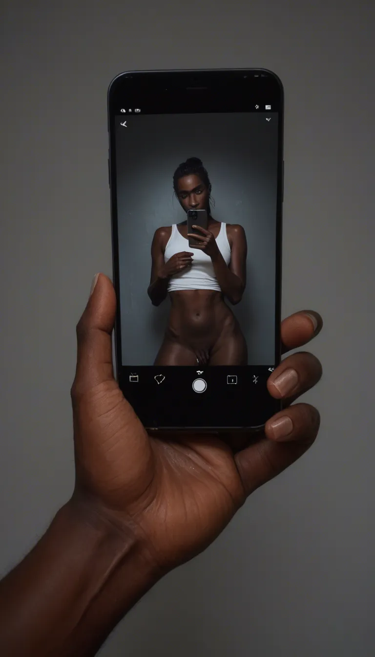 unfiltered, real life, 1girl, fingering, dark skin, relaxed mood, grey background, amateur photo