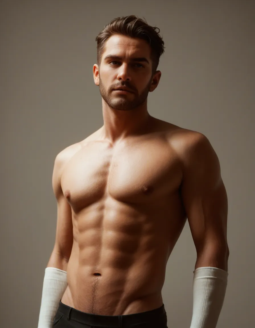 highly detailed, natural lighting, male focus, gradient hair, elbow gloves, topless, 8k uhd photo, score_9, score_8, candid photo, realistic skin texture, visible skin pores, film grain, depth of field
