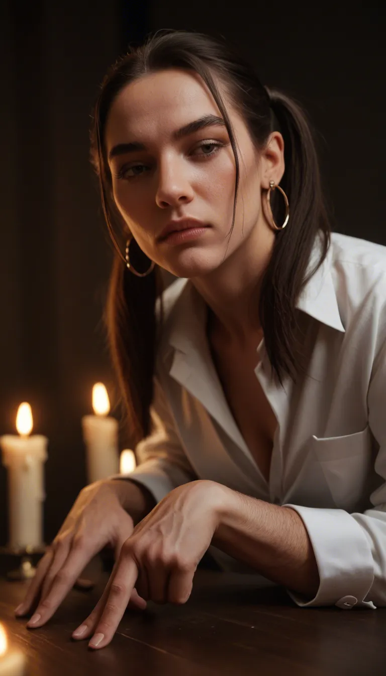 professional photo, high detail, 1boy, twintails, earrings, fingering, candlelight, studio photo