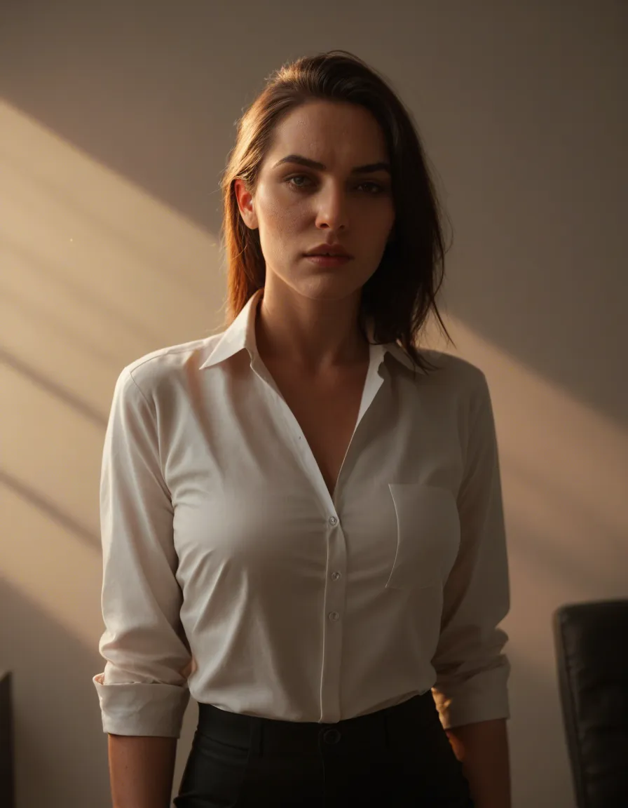highly detailed, natural lighting, office lady, bondage, colored skin, simple background, cinematic realism, score_9, score_8, candid photo, realistic skin texture, visible skin pores, film grain, depth of field