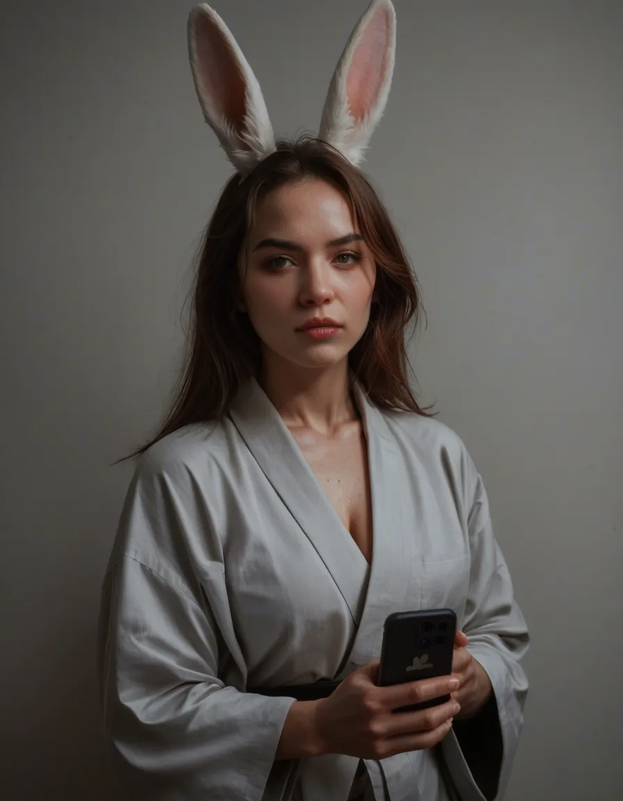 professional photo, high detail, bunny girl, floating hair, japanese clothes, presenting, dslr quality, score_9, score_8, amateur photo, phone snapshot, realistic skin texture, skin blemishes, soft indoor lighting