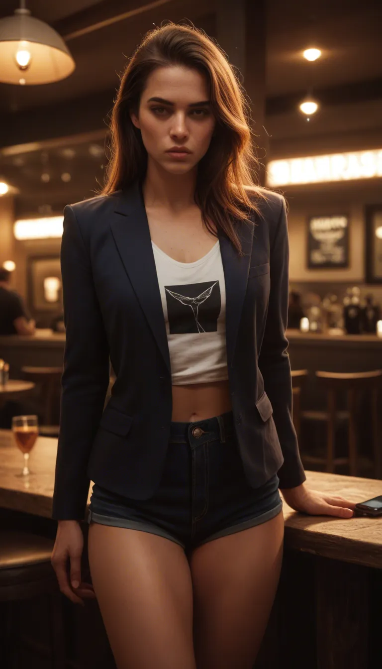 one woman (blazer, short trousers, t-shirt, bare legs, trousers barely visible, shy but somehow horny)
surrounding: restaurant
scene: she sucks the patrons penis