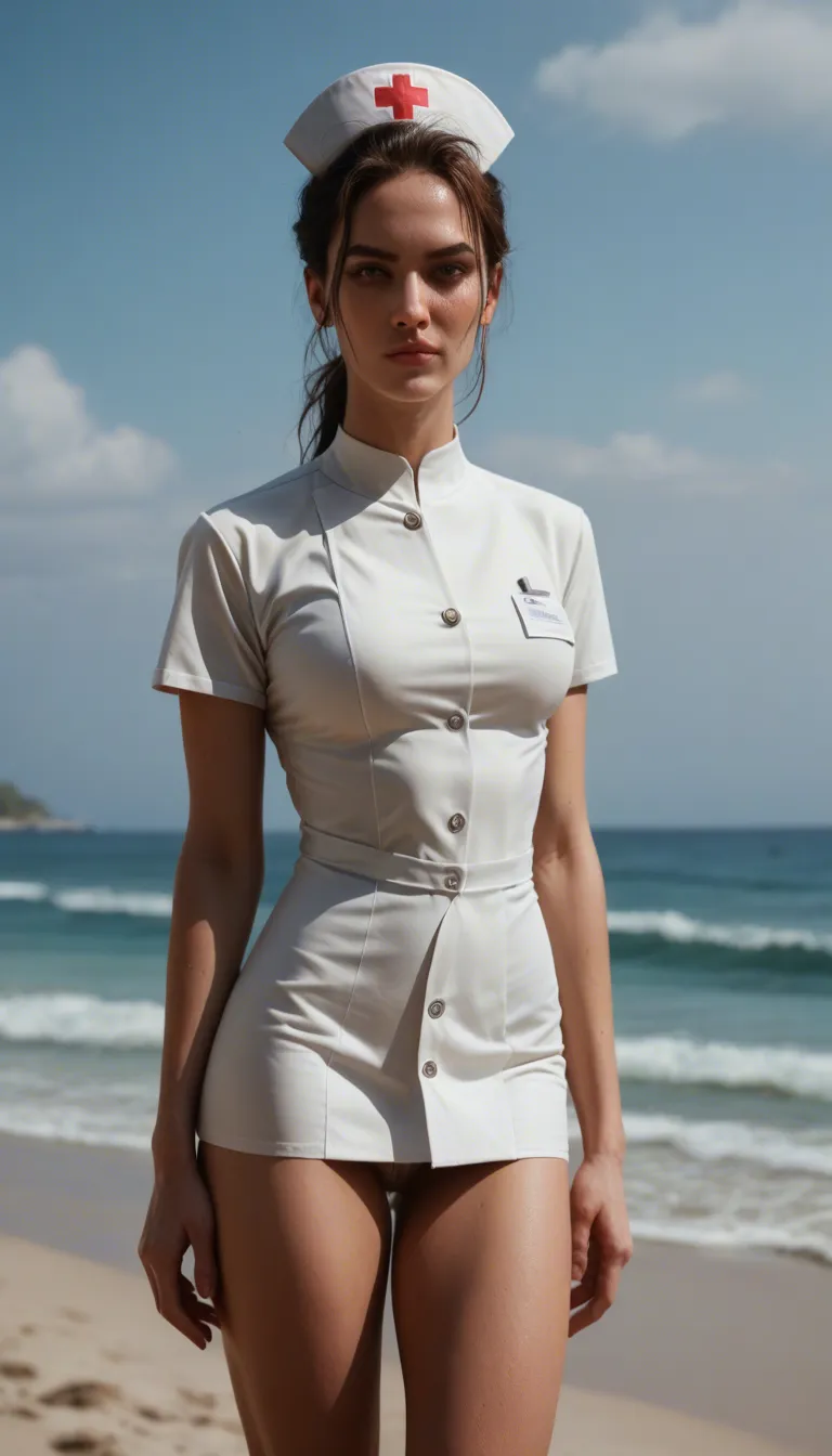 ultra HD, lifelike, nurse, teasing, fake animal ears, beach, dominant stare, lifelike render