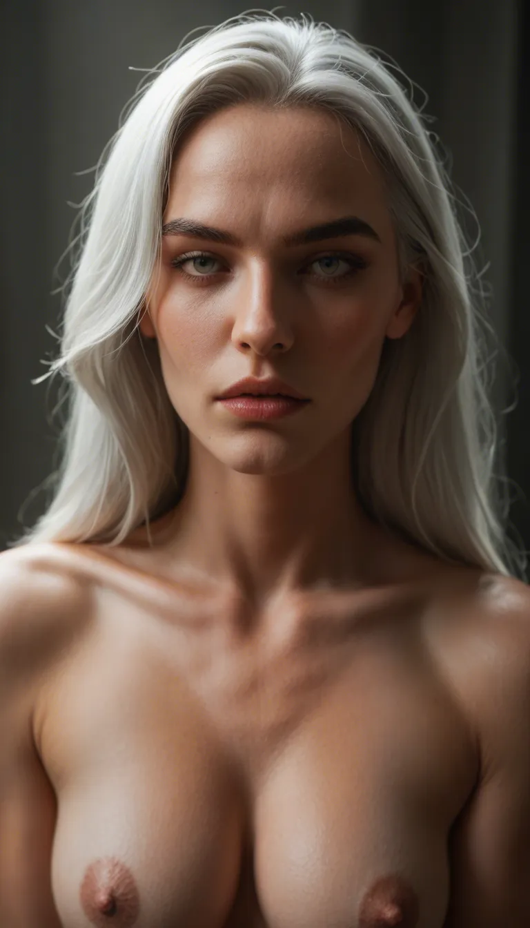 RAW photo, ultra realistic,s a tall, slender young woman with a graceful, athletic build. She has long, flowing silver-white hair, usually worn loose or swept to one side, and blue eyes. Her features are delicate and refined, with a confident, composed expression. She typically wears a dark blue-and-white archer’s outfit, including a fitted tunic, short skirt-like panels, thigh-high boots, and arm guards, vaginal penetration, film photography