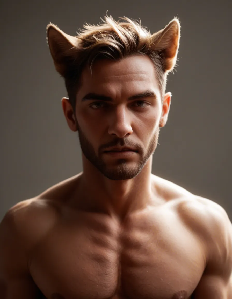 8k, sharp focus, detailed skin, male focus, animal ears, official alternate costume, fully nude, backlit, studio photo, score_9, score_8, candid photo, realistic skin texture, visible skin pores, film grain, depth of field