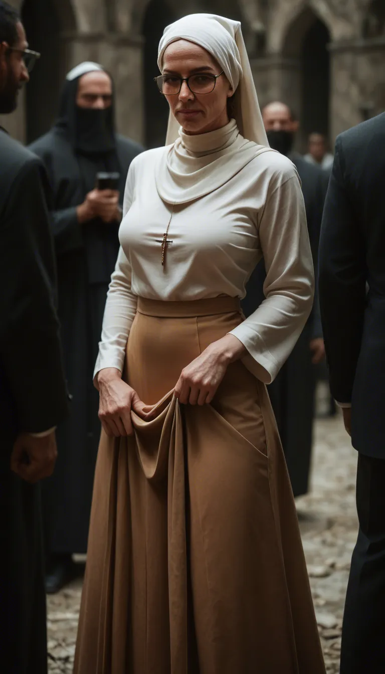 ultraorthodox religious Israeli settler woman, hair wrapped by very long headscarf, glasses, long sleeves, long skirt lifted up, milf, fucked by many men, group fuck, deep penetrated hairy pussy, anal, double penetration, big boobs, big ass, Judaean desert, Israeli settlement in background, outdoors