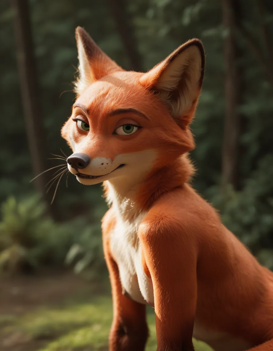 2D Furry artwork, Nick Wilde, female, fox, fully nude, score_9, score_8, candid photo, realistic skin texture, visible skin pores, film grain, depth of field