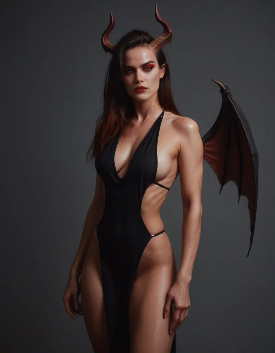 demon_woman , demon_horns demon_wings small_breasts, score_9, score_8, candid photo, realistic skin texture, visible skin pores, film grain, depth of field