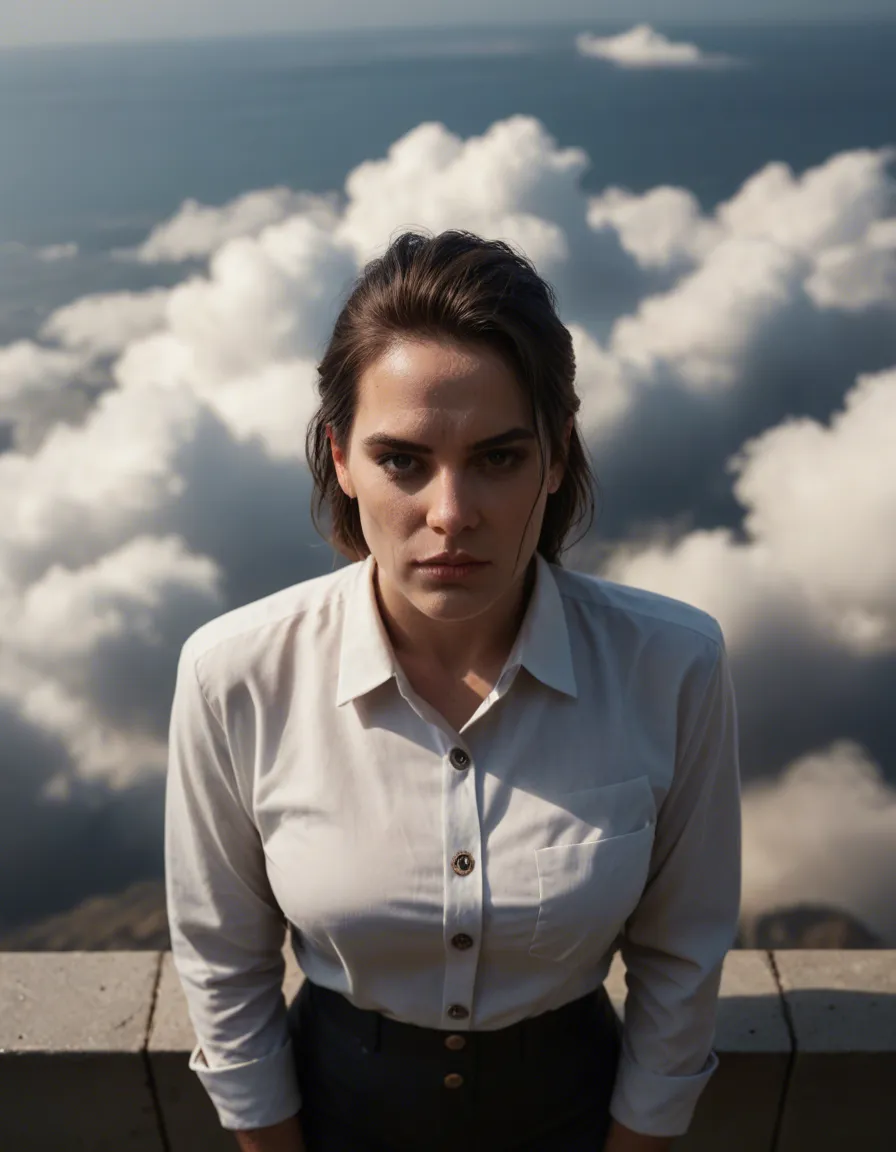 professional photo, high detail, from above, solo, bondage, buttons, cloud, RAW photo, score_9, score_8, candid photo, realistic skin texture, visible skin pores, film grain, depth of field