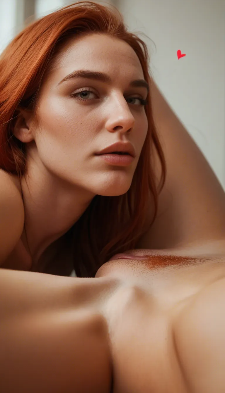 ultra HD, lifelike, redhead woman, heart, cunnilingus, volumetric light, film photography