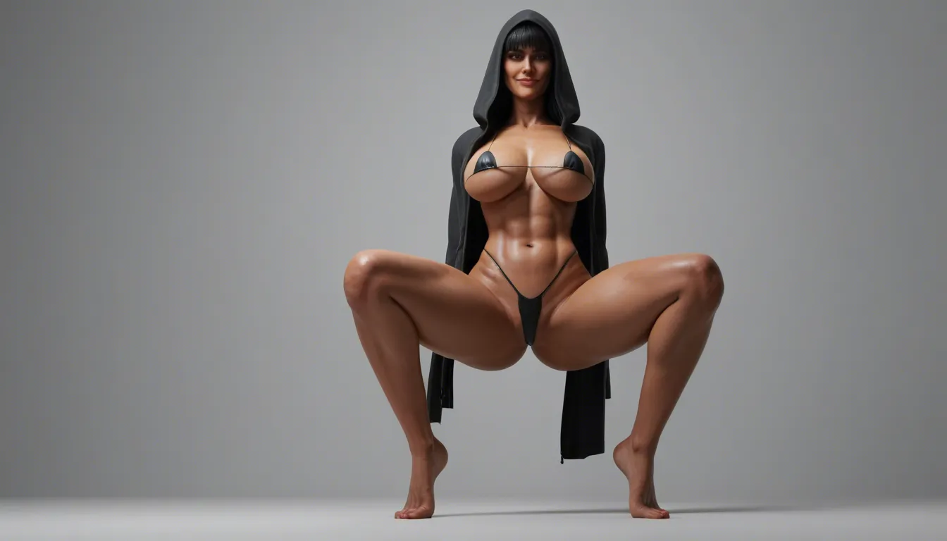 view front below, busty athletic woman huge breasts black full body frock with hood over face, undressing revealing shiny black micro bikini long black hair fringe hairstyle evil smile almond blue eyes, library
