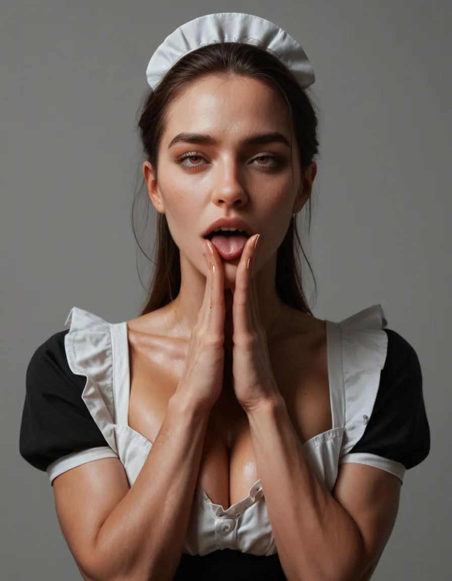 best quality, hyperrealistic, maid, ahegao, muscular, grey background, score_9, score_8, candid photo, realistic skin texture, visible skin pores, film grain, depth of field