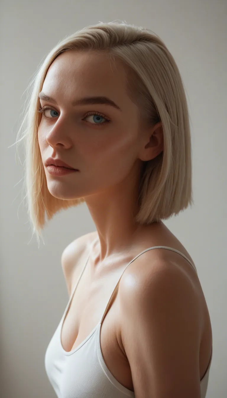 19-year-old, Caucasian female, lean build, porcelain skin, bright blue eyes, pale blonde hair, blunt-cut bangs, twin ponytails, delicate facial features,, 8k, sharp focus, detailed skin, 1other, hair pull, RAW photo