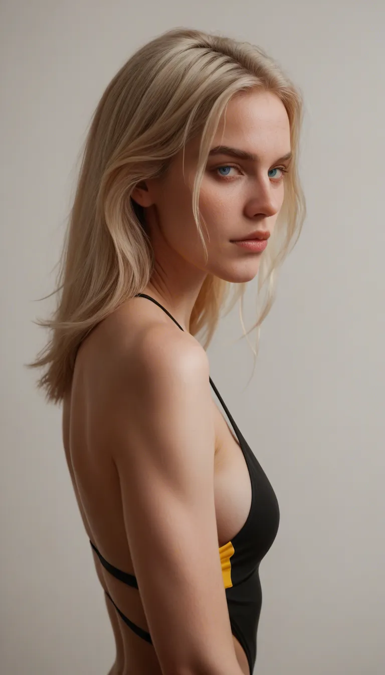 side view, best quality, hyperrealistic, golden hour, cinematic realism, Caucasian female, lean build, porcelain skin, bright blue eyes, pale blonde hair, twin ponytail hair, delicate facial features, she leans against wall, anal
