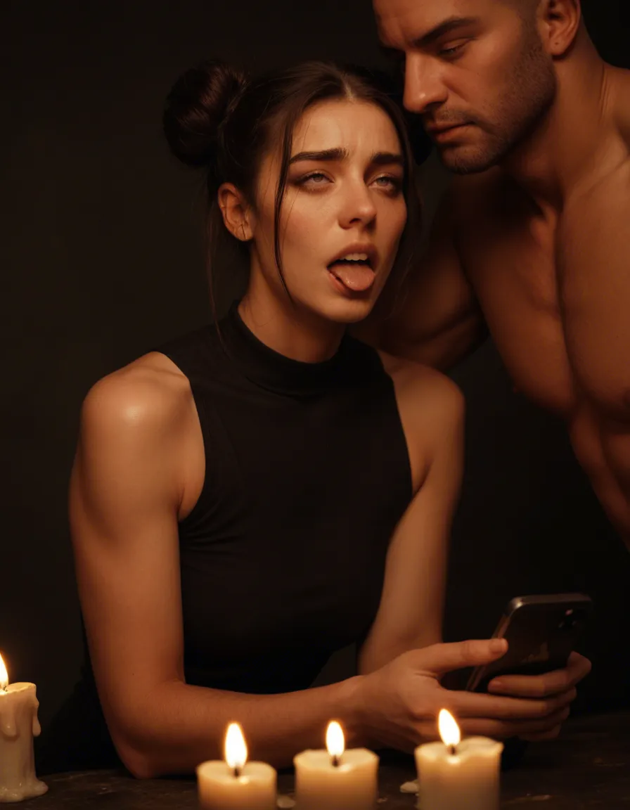 RAW photo, ultra realistic, 2boys, double bun, sleeveless, ahegao, candlelight, dslr quality, score_9, score_8, amateur photo, phone snapshot, realistic skin texture, skin blemishes, soft indoor lighting