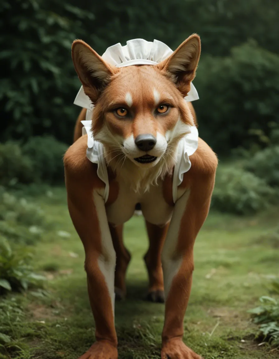 Furry maid with boobs hanging outdoors, score_9, score_8, candid photo, realistic skin texture, visible skin pores, film grain, depth of field