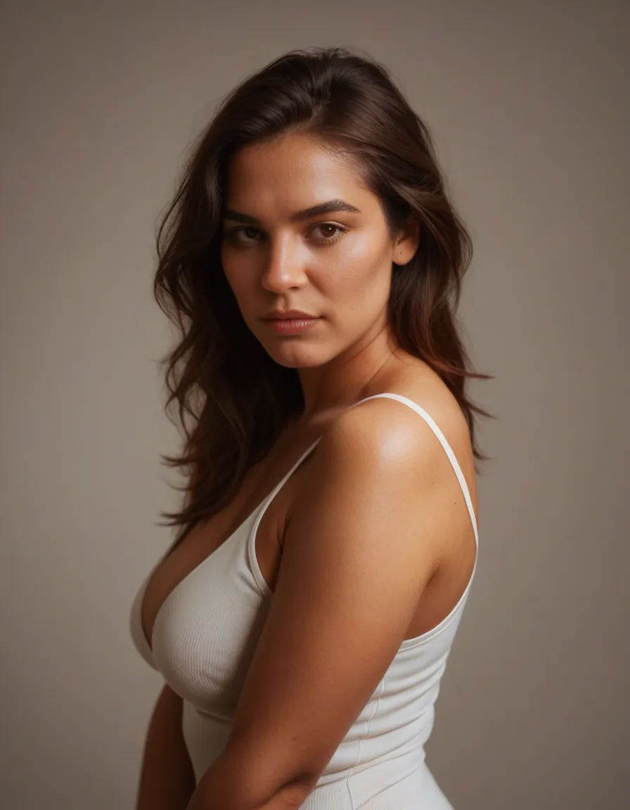 best quality, hyperrealistic, arab woman with brown eyes and chubby body, score_9, score_8, candid photo, realistic skin texture, visible skin pores, film grain, depth of field