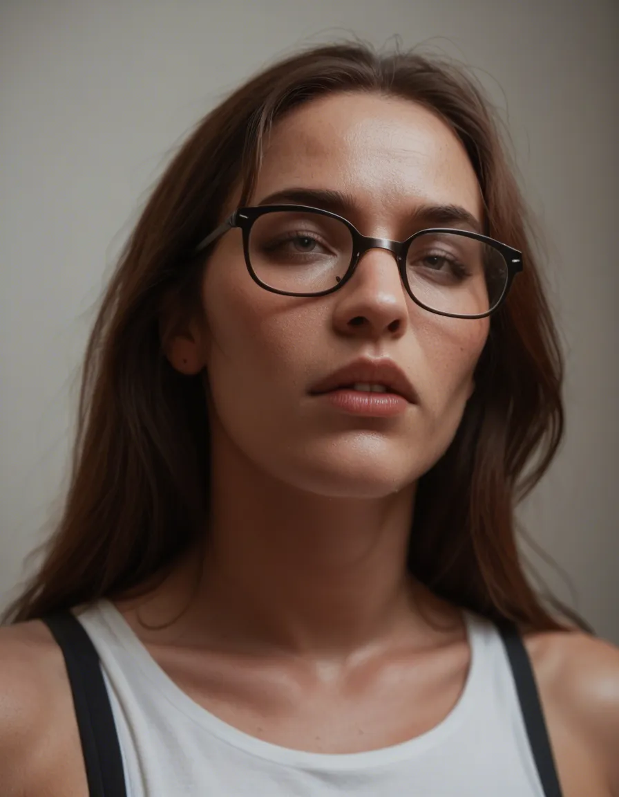 8k, sharp focus, mysterious vibe, cinematic realism, white_skin, brown_hair, fat, glasses, orgasm, score_9, score_8, candid photo, realistic skin texture, visible skin pores, film grain, depth of field