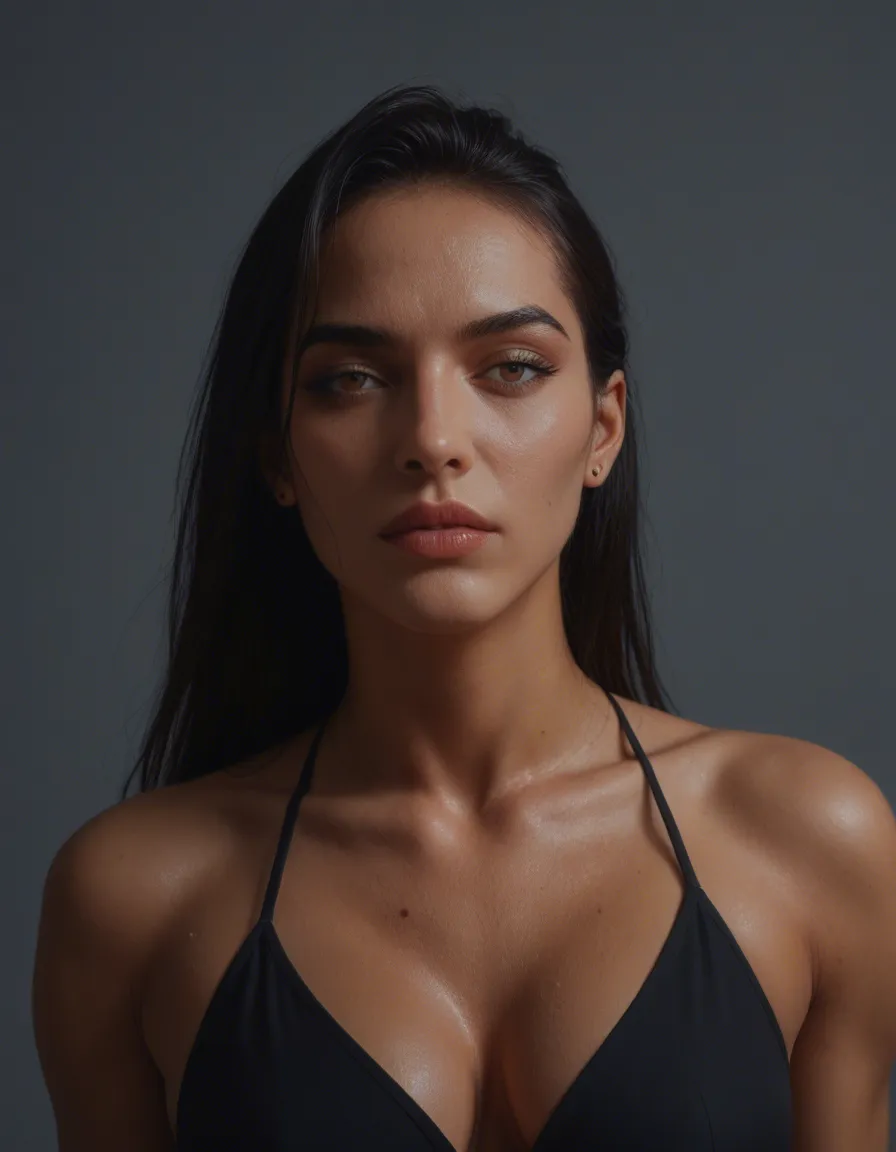 Uma mulher jovem na casa dos seus 18 anos, características típicas de maranhense, corpo magro com seios fartos e cintura fina, leve barriguinha, usando um micro biquíni extremamente justo que marca bem a vagina, score_9, score_8, candid photo, realistic skin texture, visible skin pores, film grain, depth of field